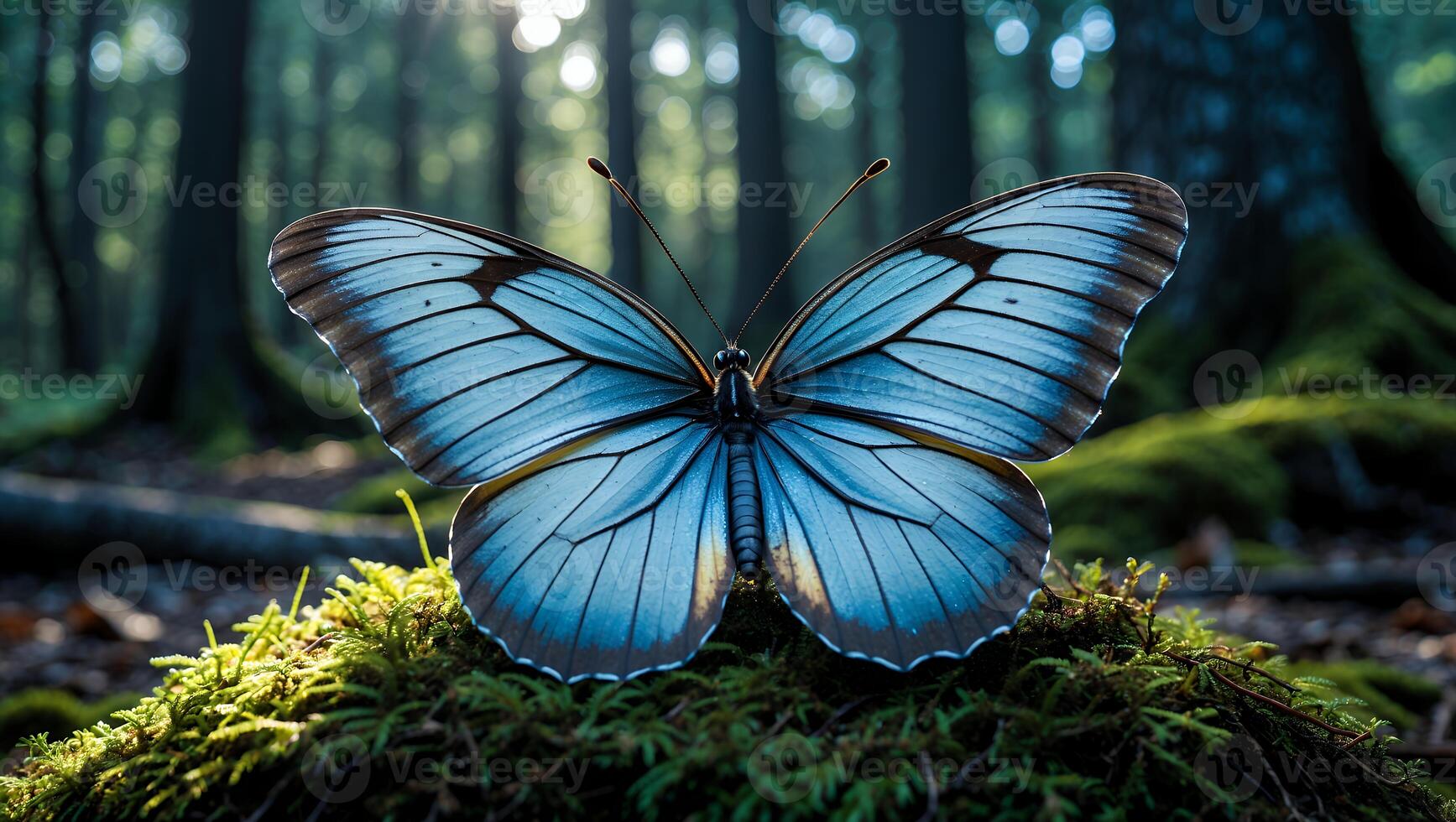 Blue Butterfly Resting on Moss in a Forest with Sunlight photo
