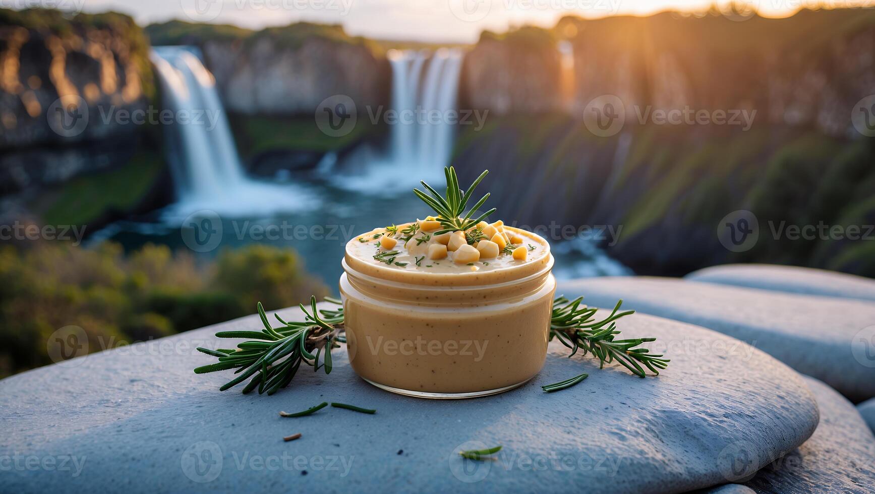 Creamy Dip with Rosemary and Waterfall Backdrop for Food Styling photo