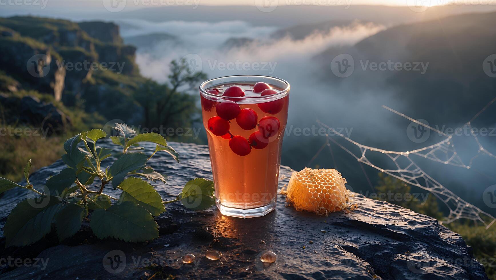 Refreshing Cherry Drink with Honeycomb Overlooking Scenic Mountain View photo
