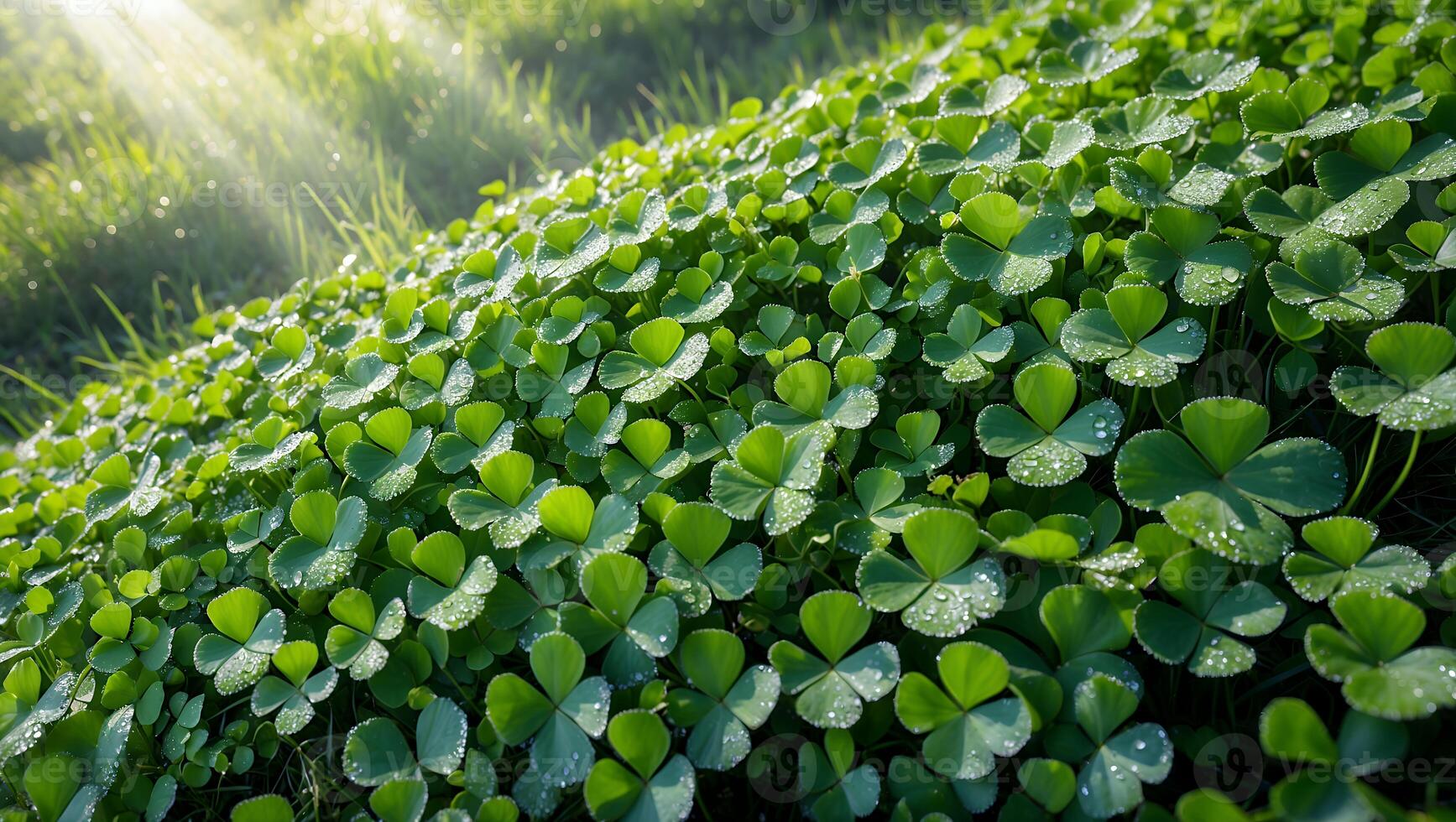 Green Clover Patch Growing with Sunlight and Tiny Water Droplets photo
