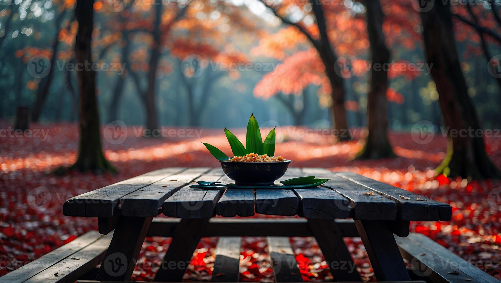 Bowl of Food on Picnic Table in Autumn Forest Setting photo