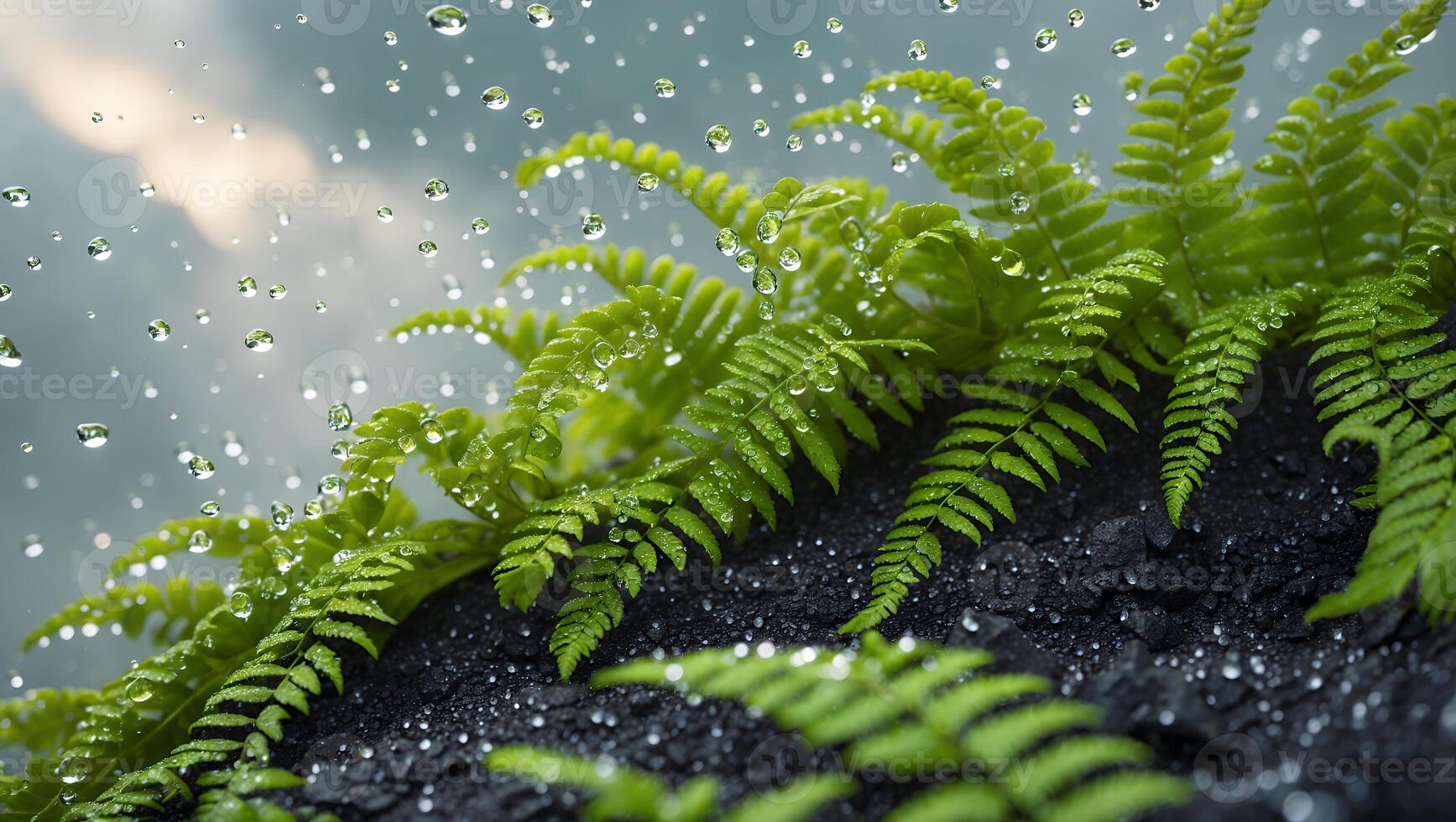 Ferns and Rain Close-up Bright Green Leaves Refreshing Backdrop photo