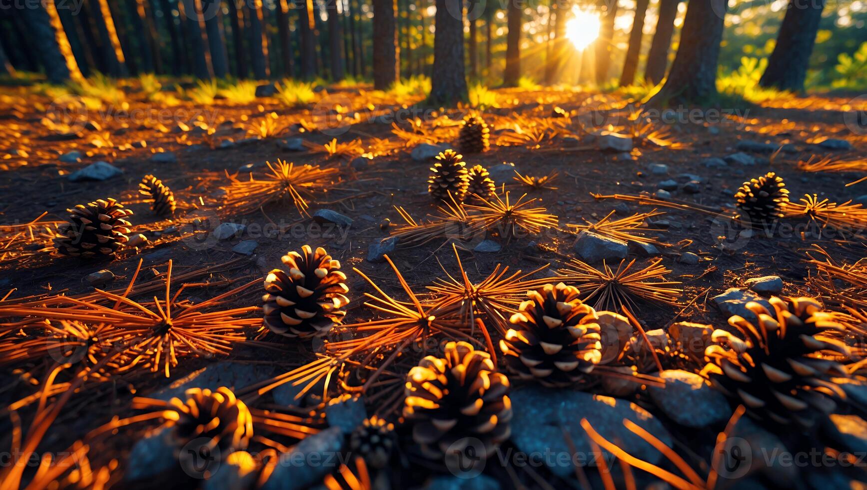 Pine Cones and Needles on Forest Floor with Golden Sunset Light photo