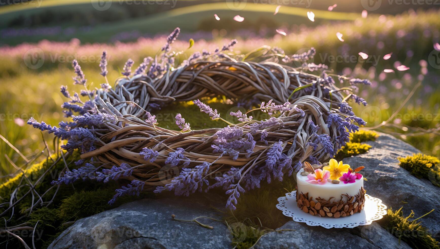 Lavender Wreath and Floral Cake on Rock in Meadow Setting photo
