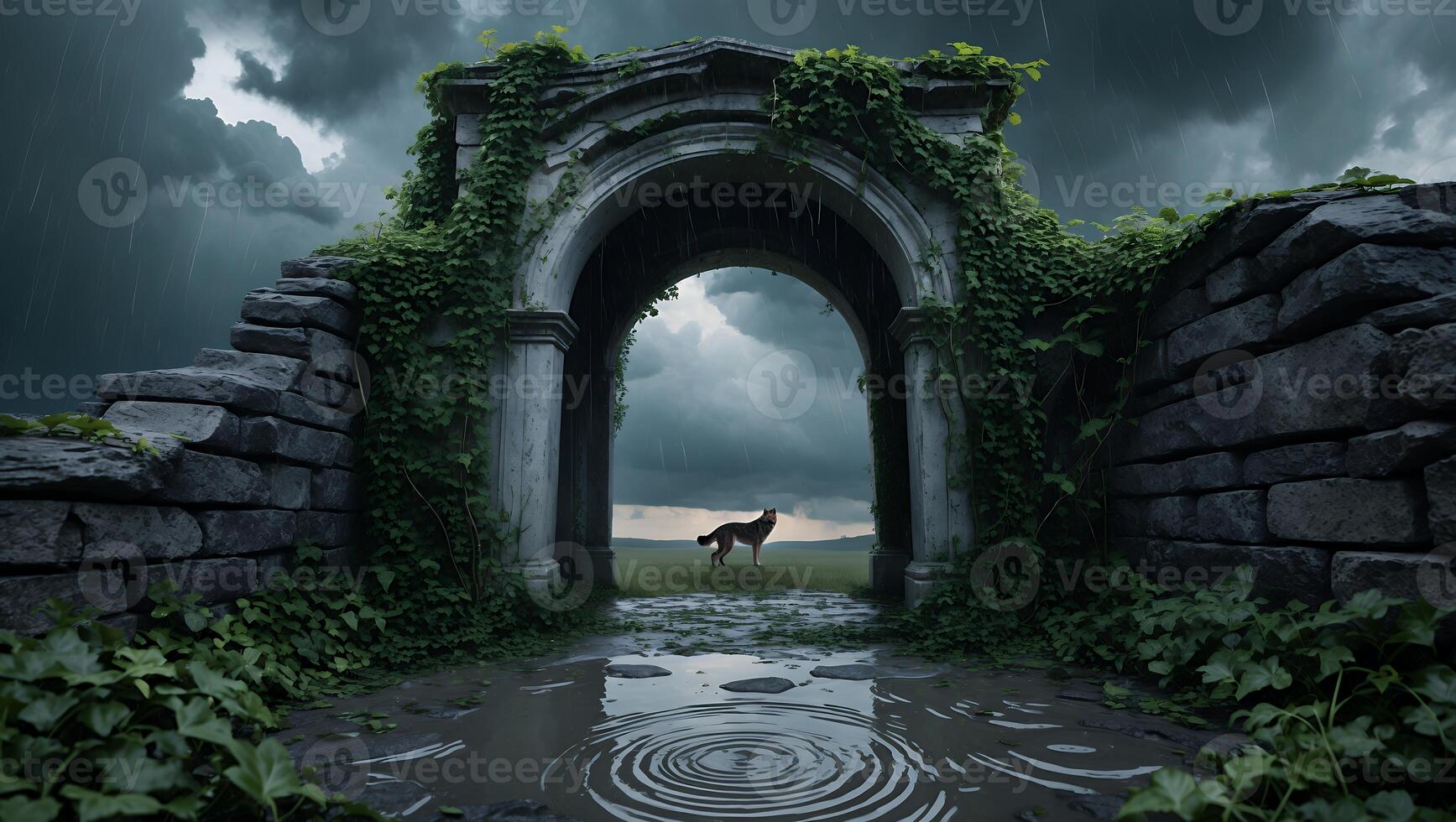 Canine Standing in Archway During Stormy Weather on Overcast Day photo