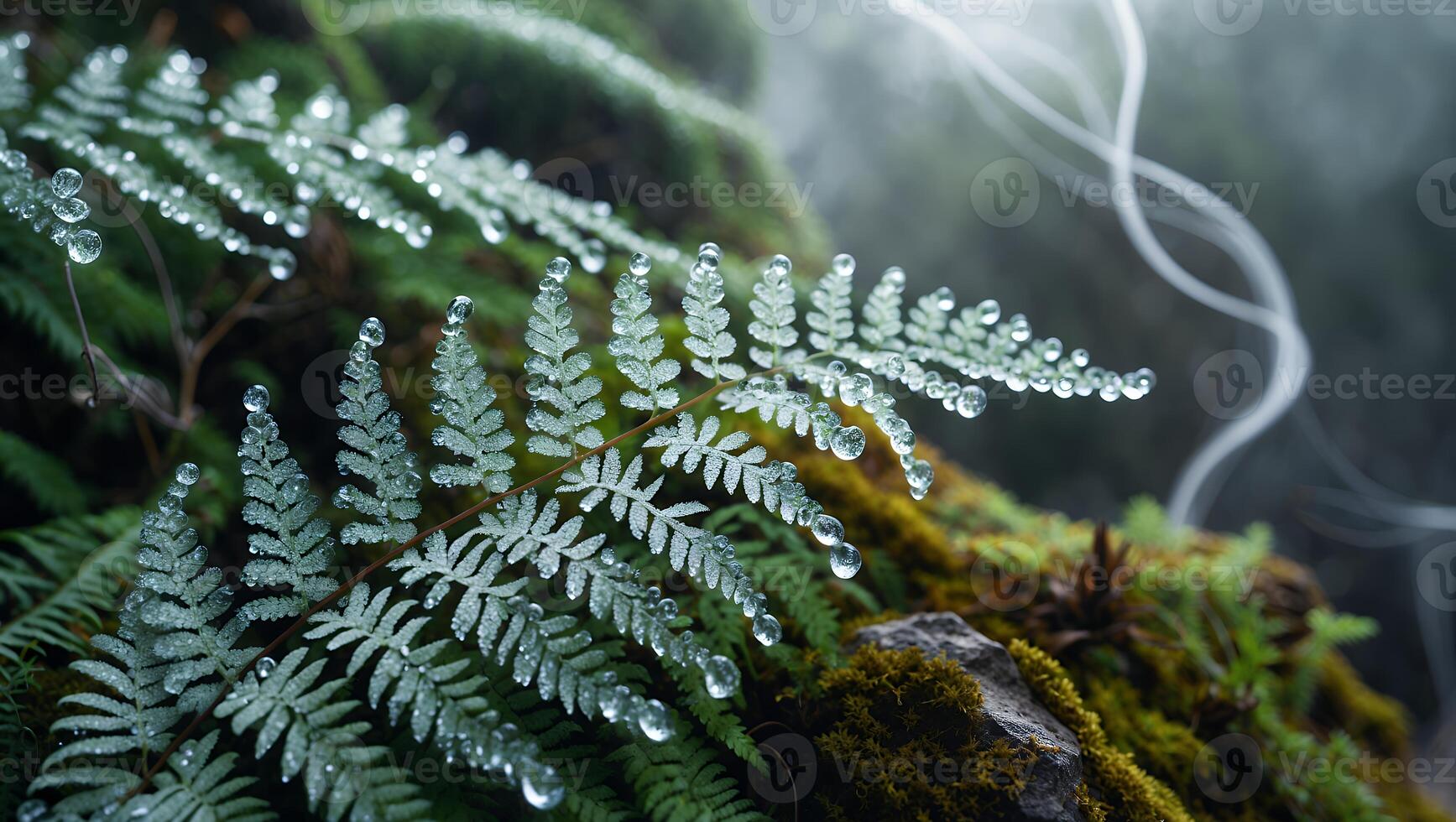 Fern Frond Adorned with Water Droplets in a Lush Forest Setting photo