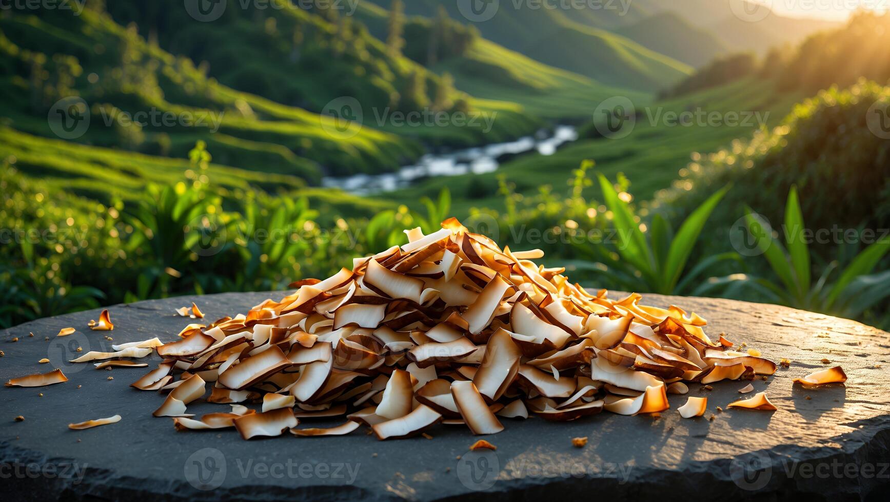 Coconut Flakes on Stone Table with Green Valley Backdrop photo