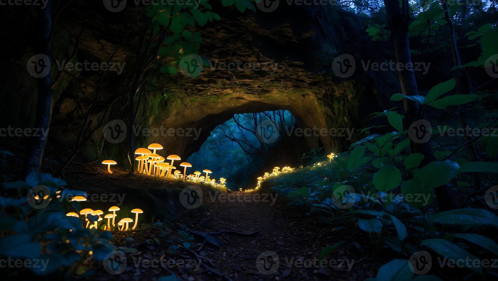 Glowing Mushrooms Illuminate Forest Path Leading to Cave Entrance at Night photo