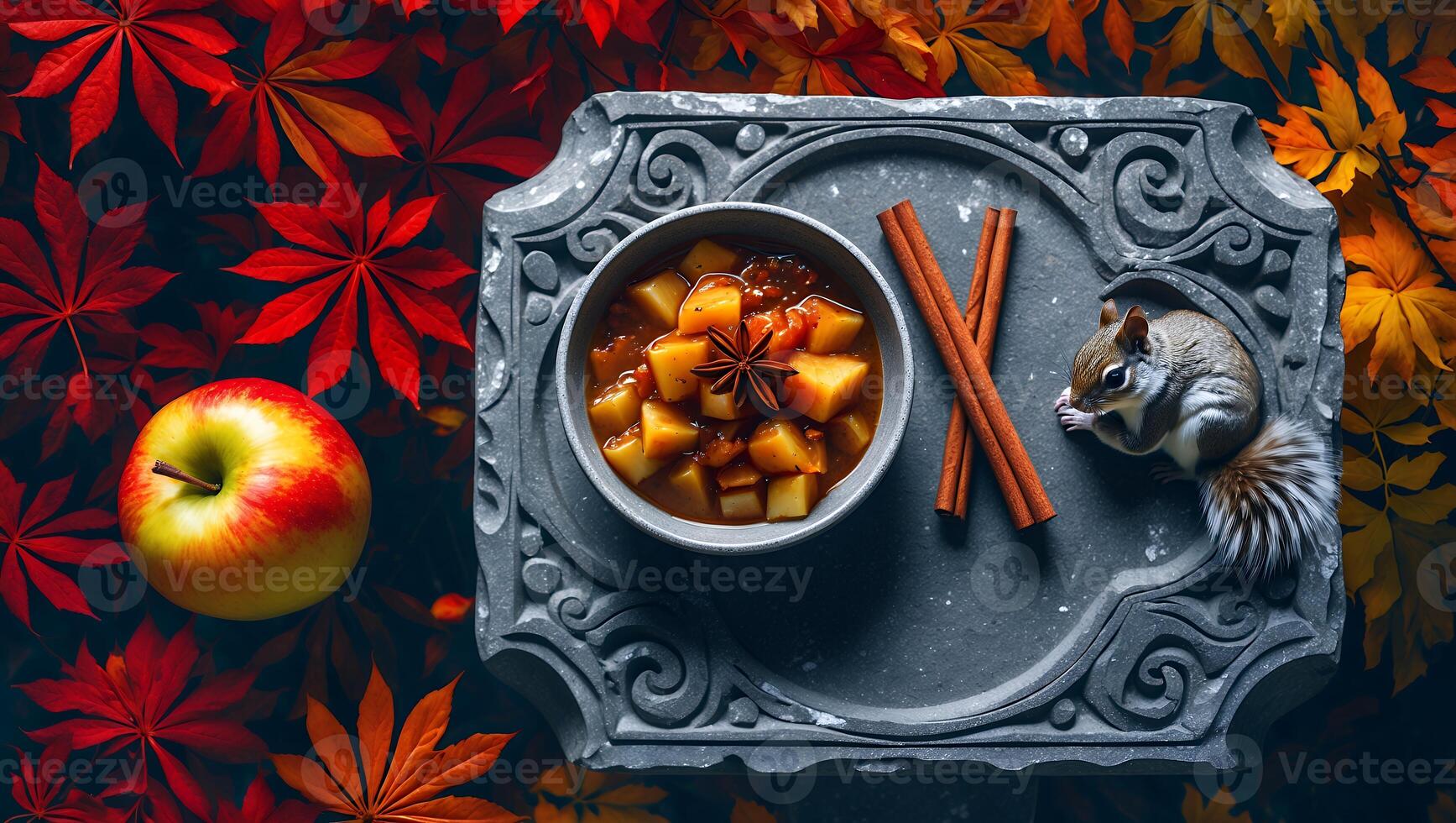 Apple Dessert with Cinnamon Sticks and Squirrel on Autumn Leaves photo