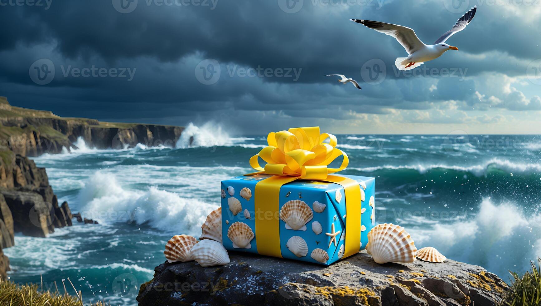 Gift Box by the Ocean with Waves Crashing and Flying Birds photo