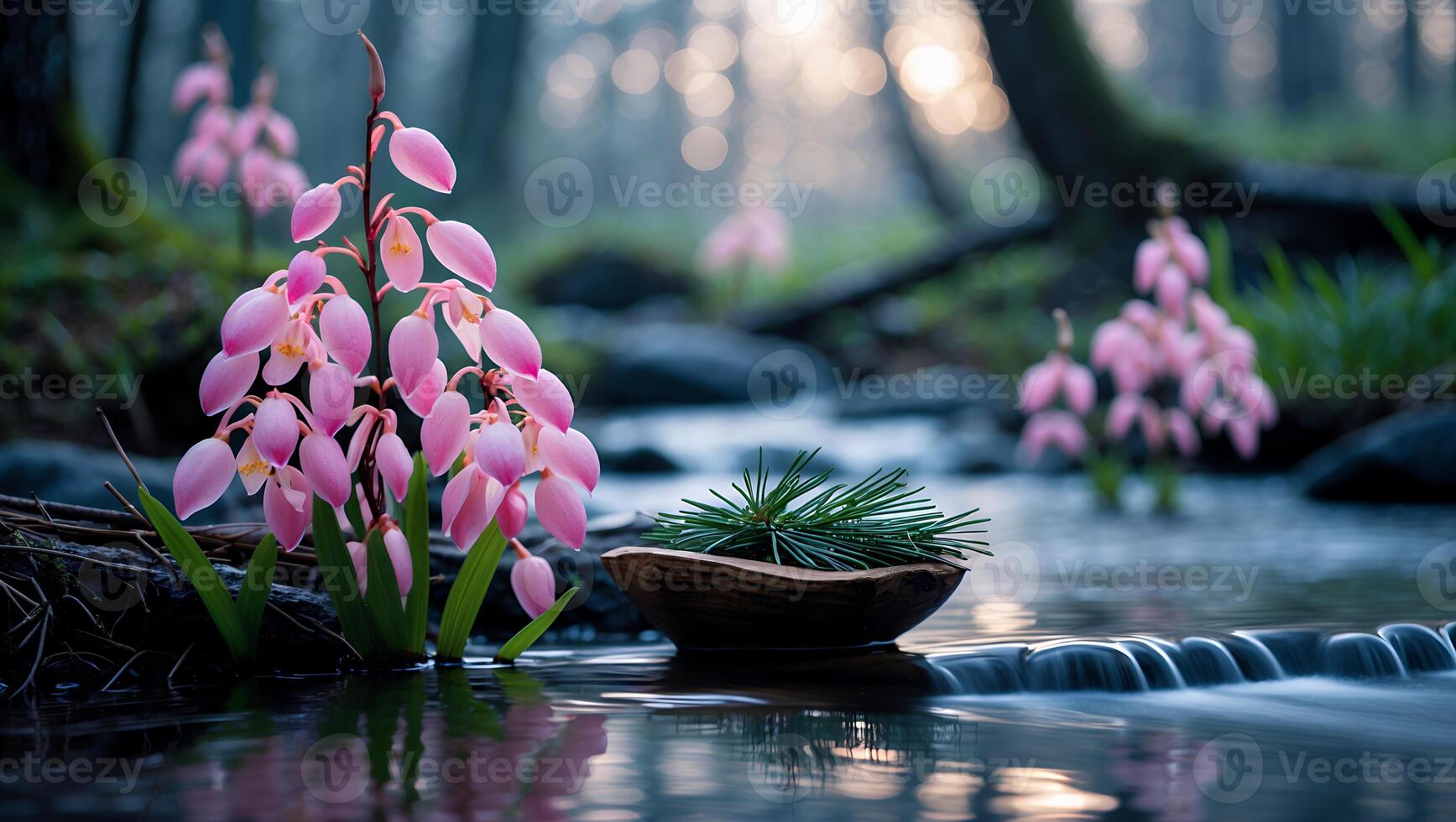 Pink Flower and Evergreen Arrangement in Stream Creating a Serene Scene photo