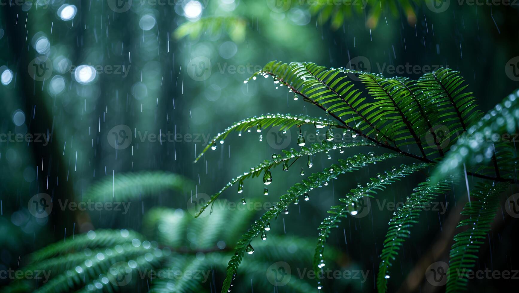 Fern Frond in Rain with Water Droplets Reflecting Forest Light photo