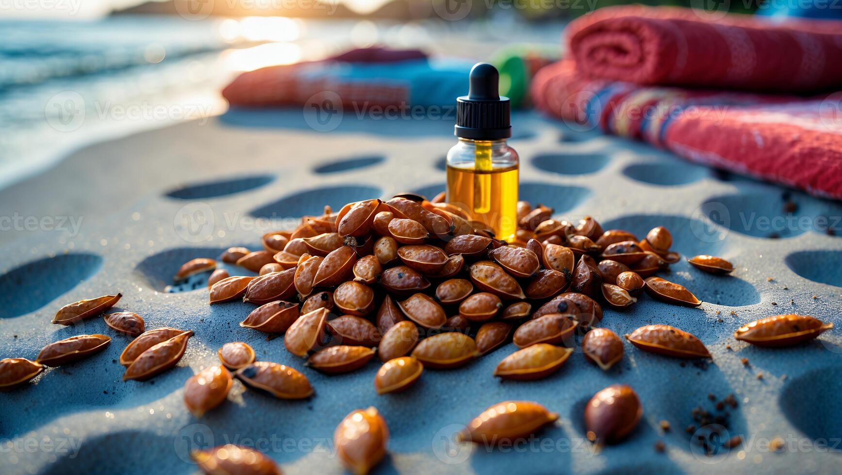 Pile of Seeds with Oil Dropper Bottle on Sand Near Ocean photo