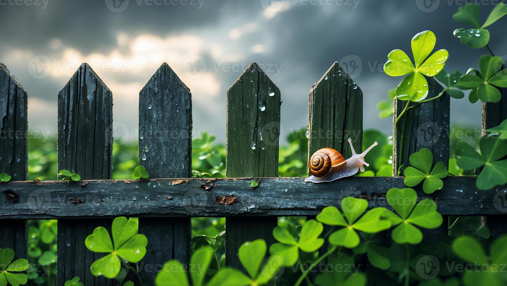 Snail Crawling on Wooden Fence Surrounded by Clover in Garden photo