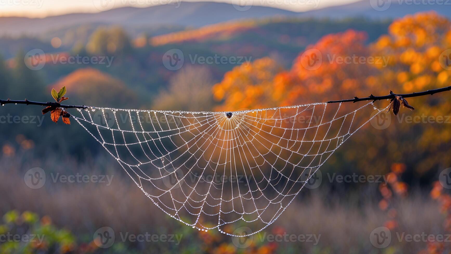 Dew Covered Cobweb Hanging on Branch with Autumnal Background photo