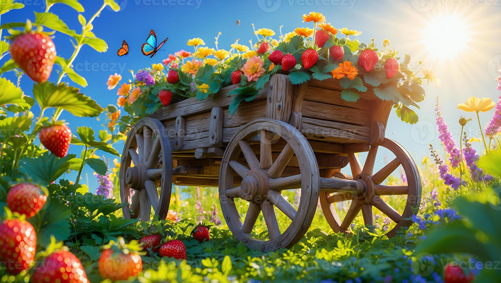 Strawberry and Flowers Growing From Wooden Cart in Sunny Meadow photo