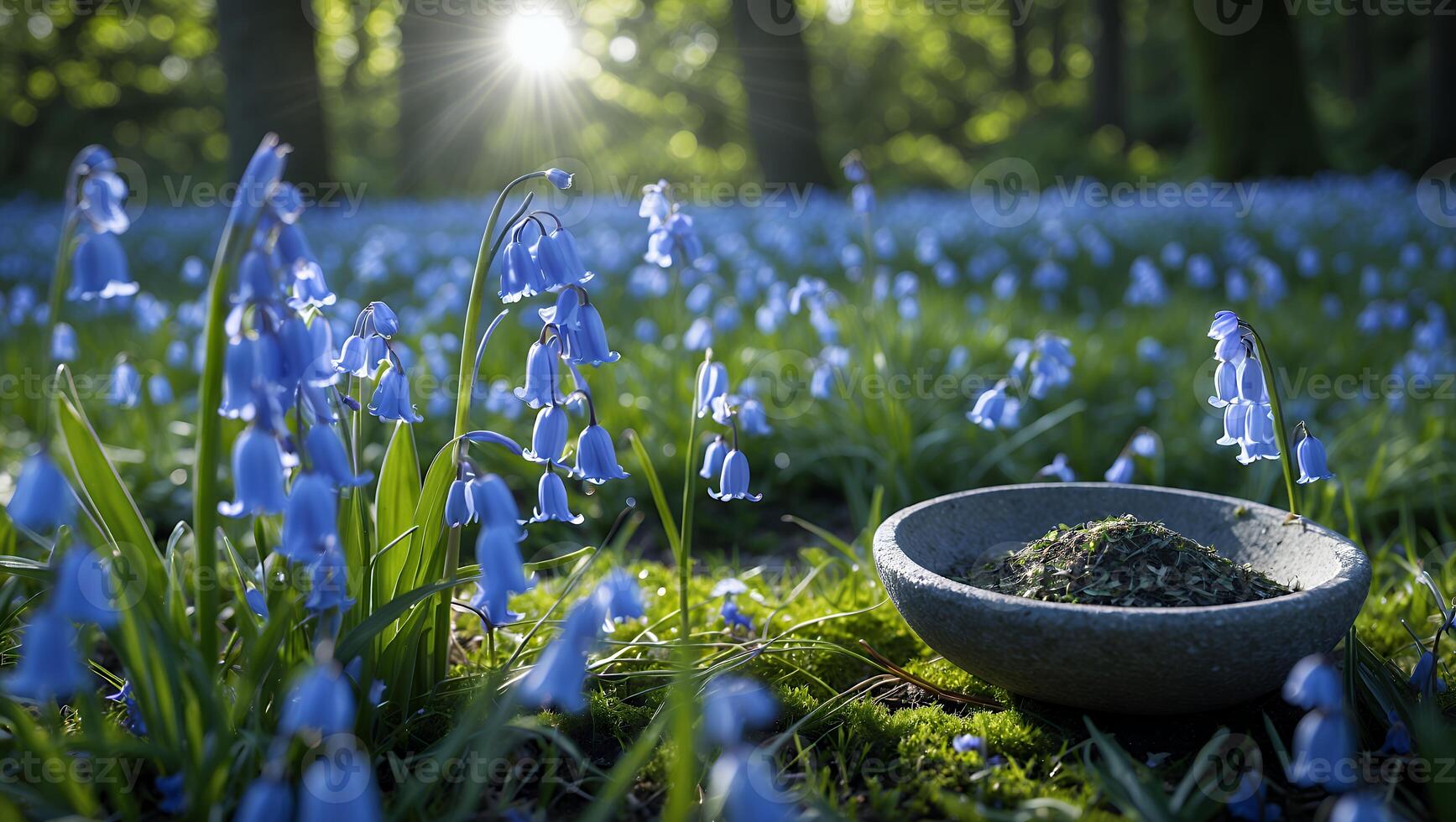 Bluebell Flowers Blooming in Meadow with Bowl of Herbs at Sunrise photo
