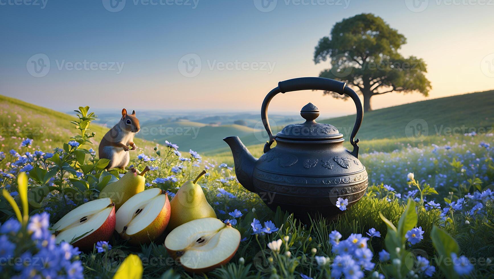 Squirrel Near Teapot with Apple and Pear Slices in Meadow photo