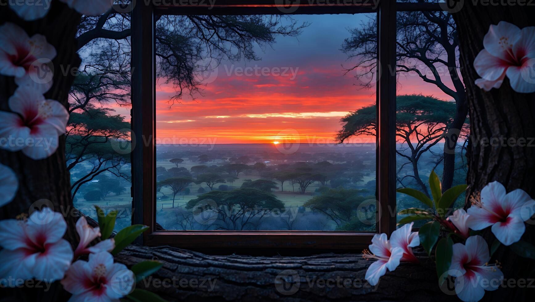 Viewing African Sunrise Through Window Framed by Flowers and Trees photo