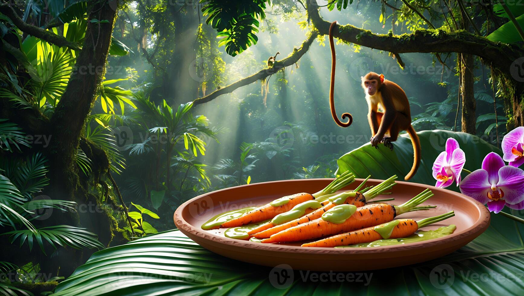 Carrots with Sauce in Jungle Setting Featuring a Playful Monkey photo