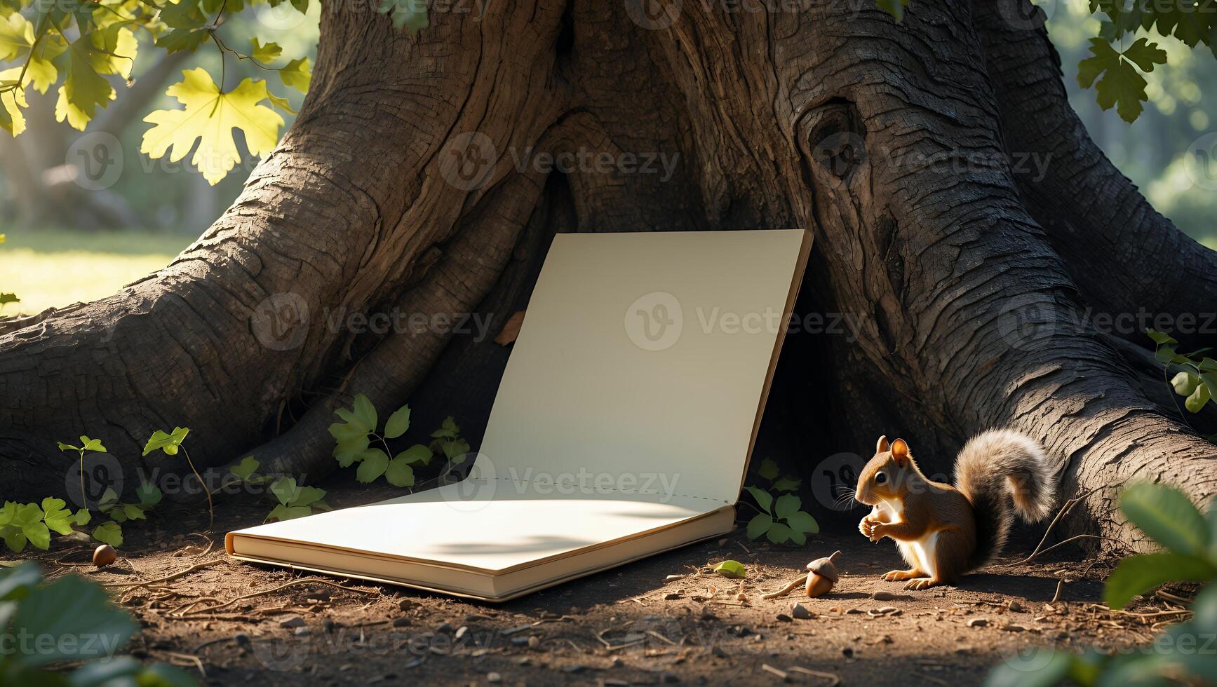 Squirrel Eating Nuts Next to Open Book at Base of Tree photo