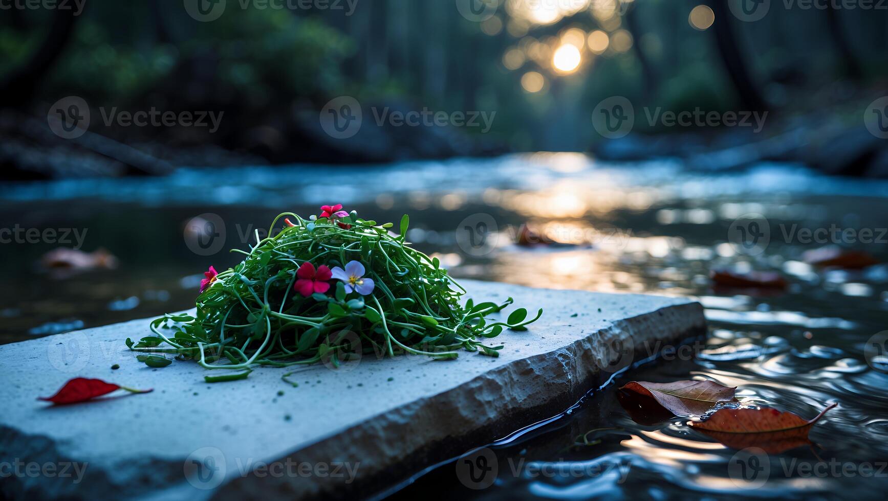 Green Sprouts and Tiny Flowers on Rock in Flowing River Nature photo