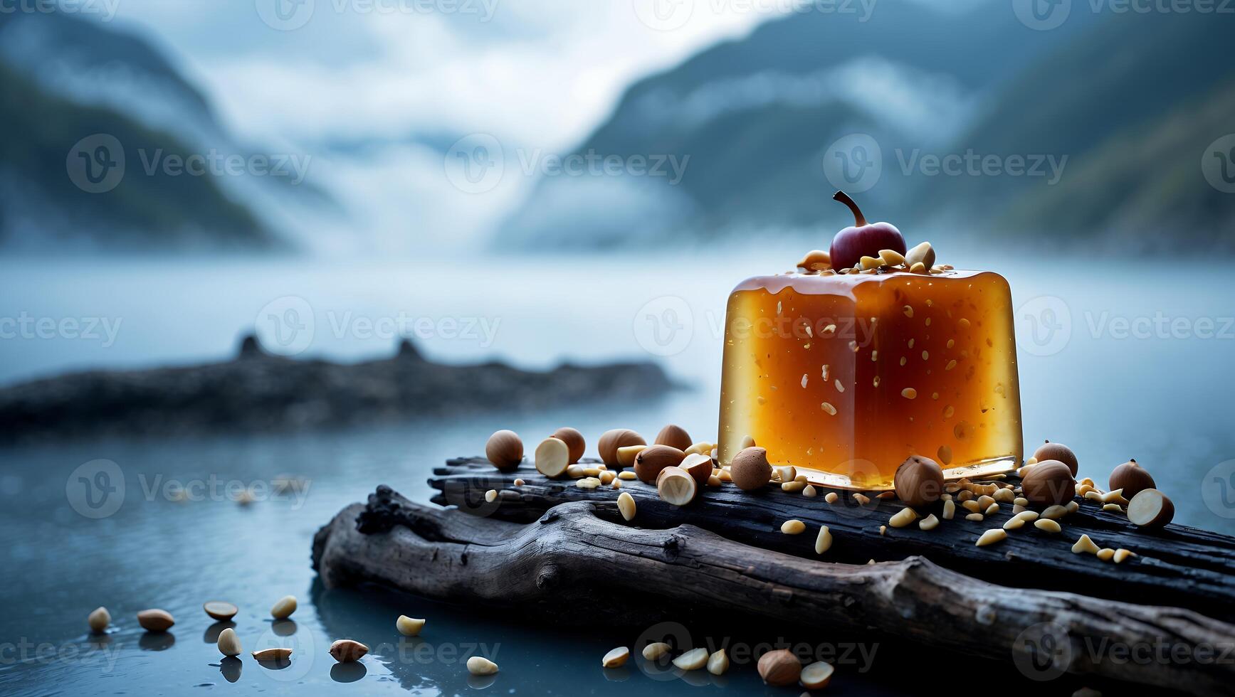 Jelly Cube and Nuts on Driftwood Overlooking a Misty Mountain Lake photo