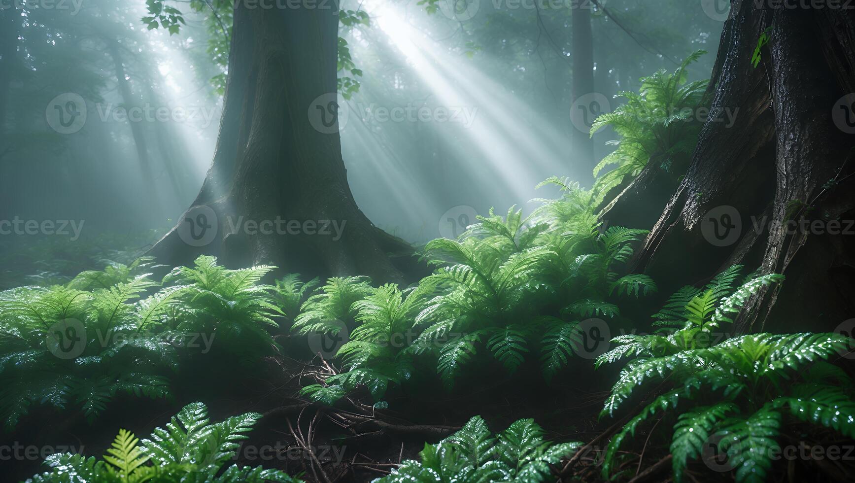 Sunlight Streaming Through Misty Forest with Lush Green Ferns photo