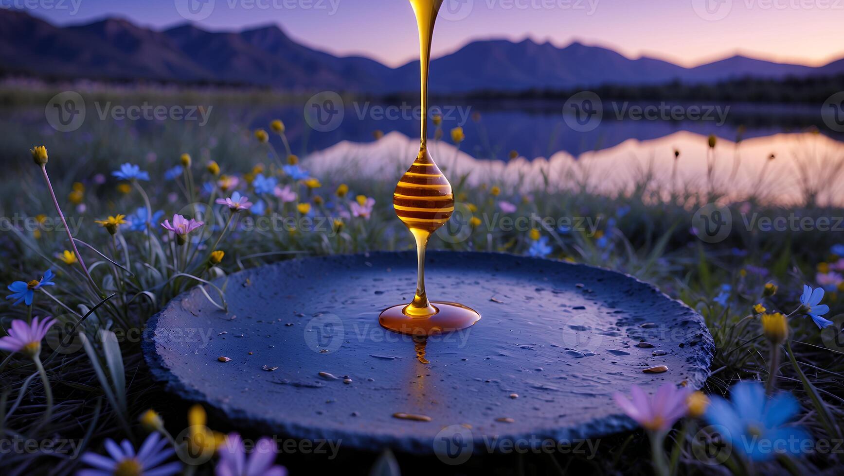 Honey Dripping Onto a Plate in a Mountain Meadow Setting photo