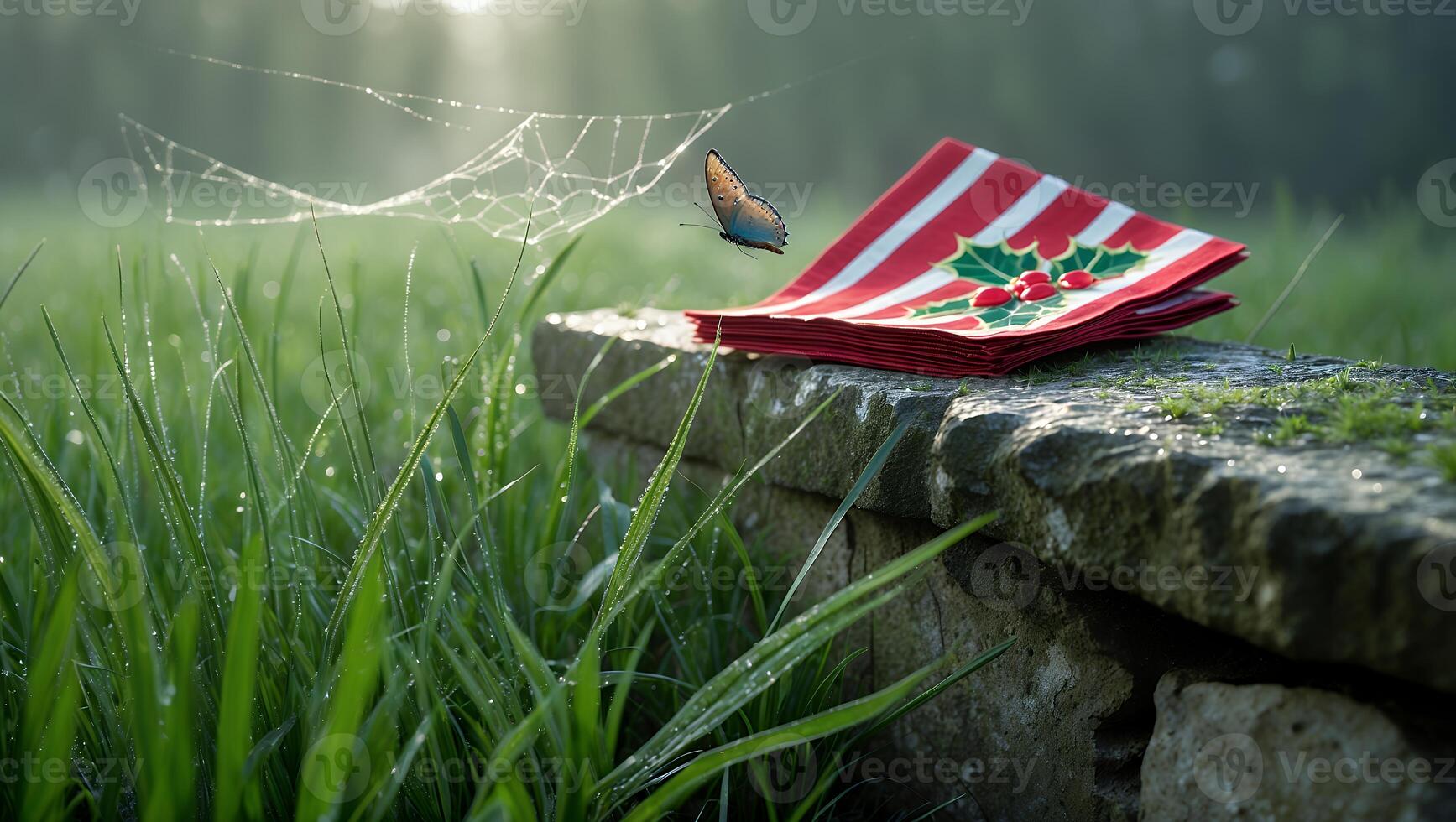 Butterfly Flying Near Napkins on Stone Wall with Cobweb Backdrop photo