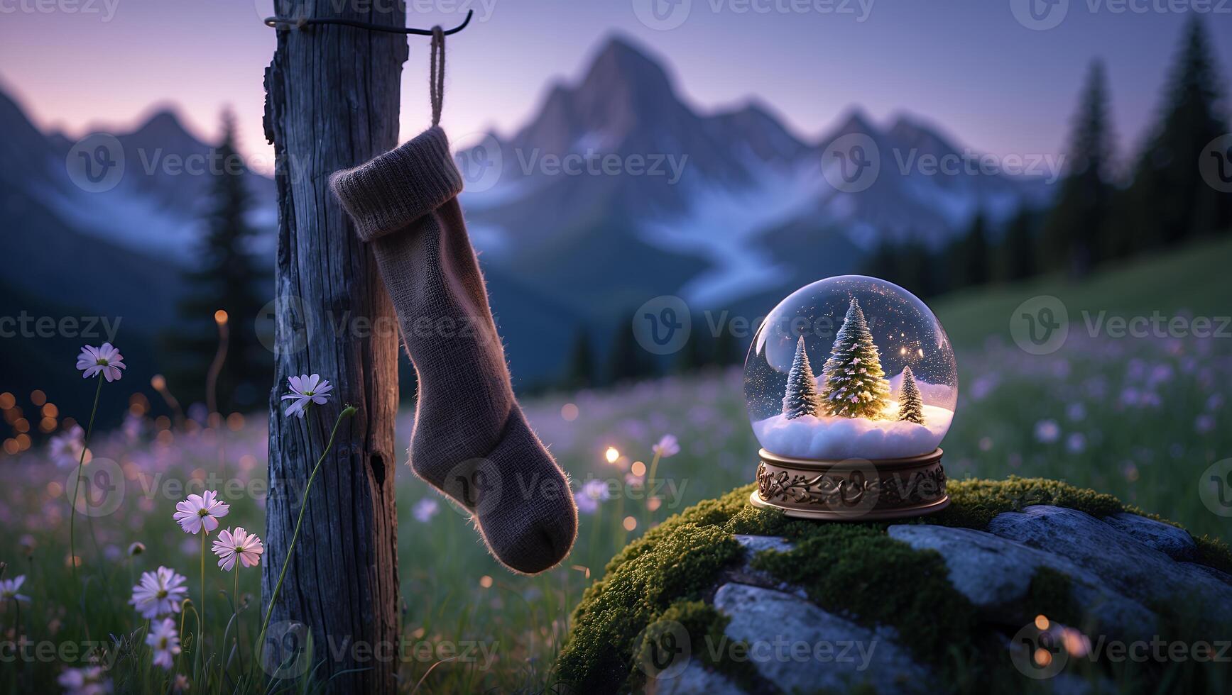 Hanging Stocking and Snow Globe in Mountain Meadow at Dusk photo