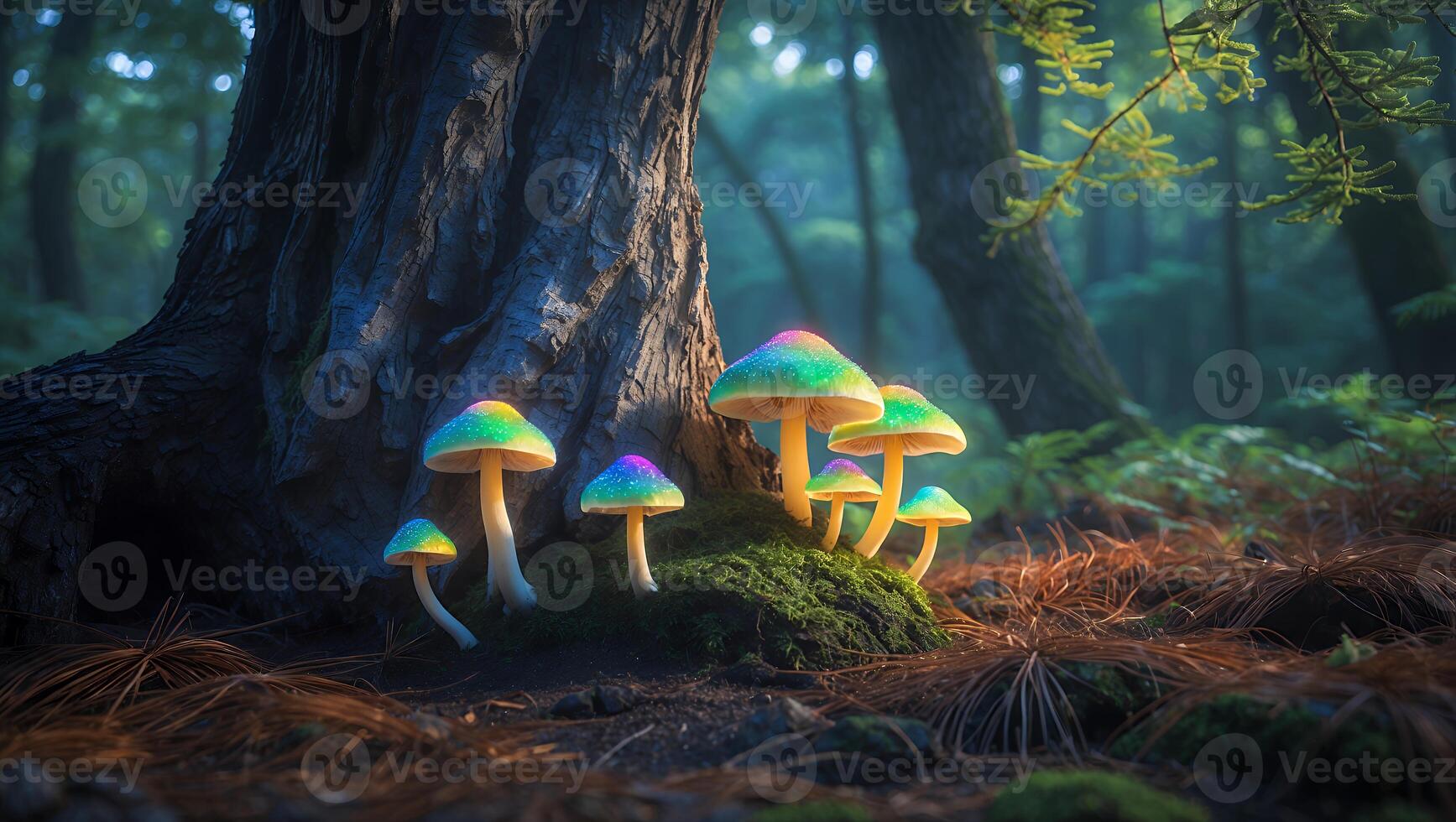 Glowing Mushrooms Growing Beside a Tree in a Lush Forest photo