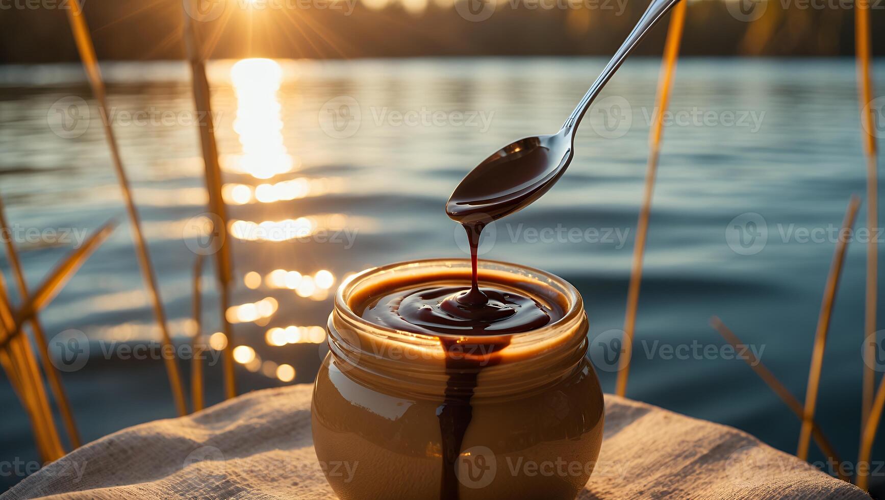 Pouring Chocolate Sauce Over Jar with Lake Sunset Background photo