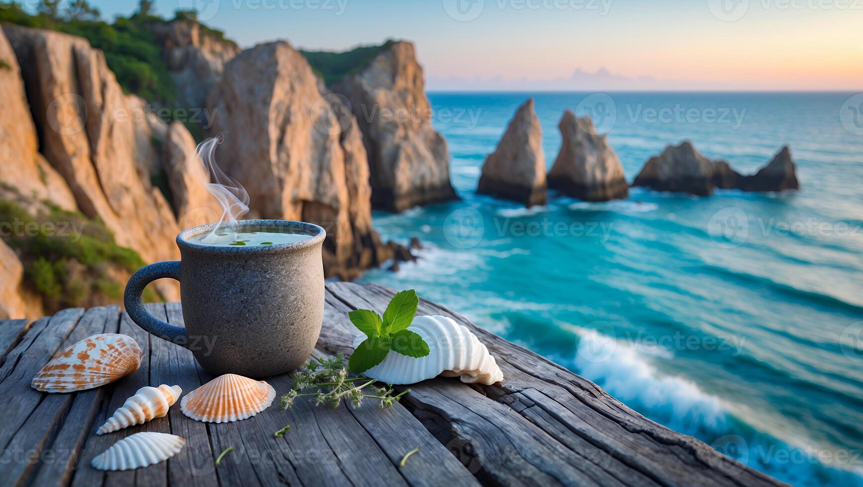 Enjoying Hot Drink on Wooden Deck Overlooking Scenic Ocean View photo