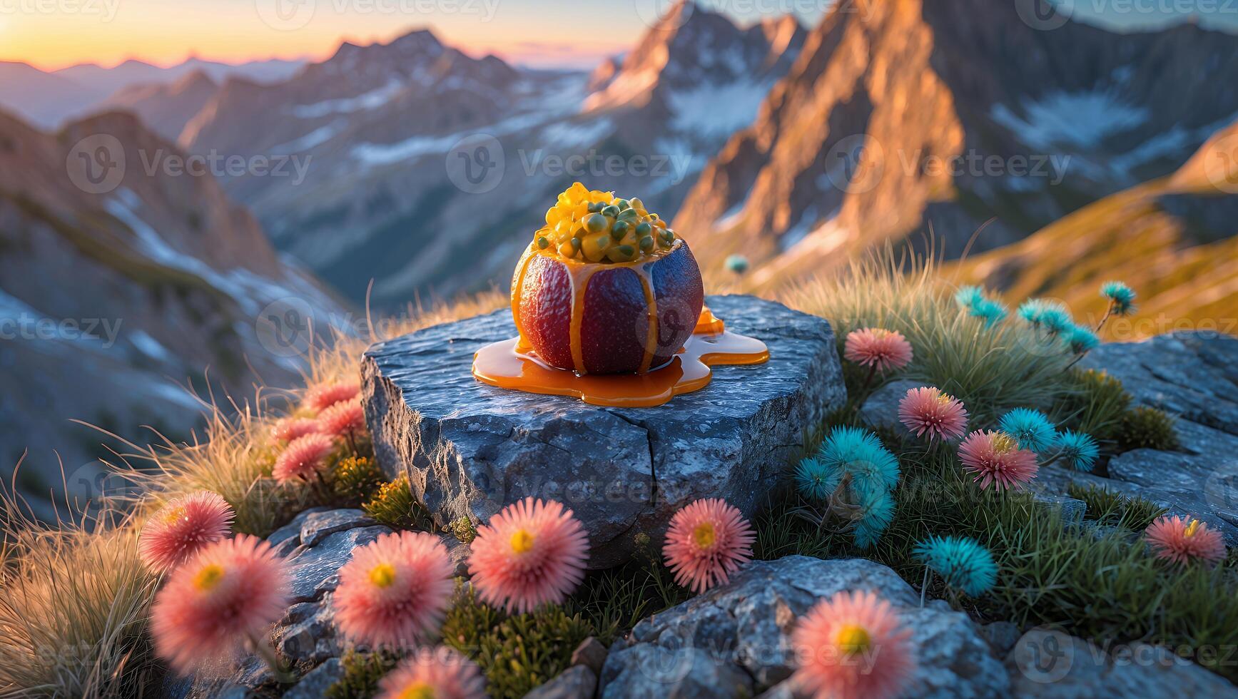 Fruit Dessert on Mountain Peak Stone Among Pink and Turquoise Flowers photo