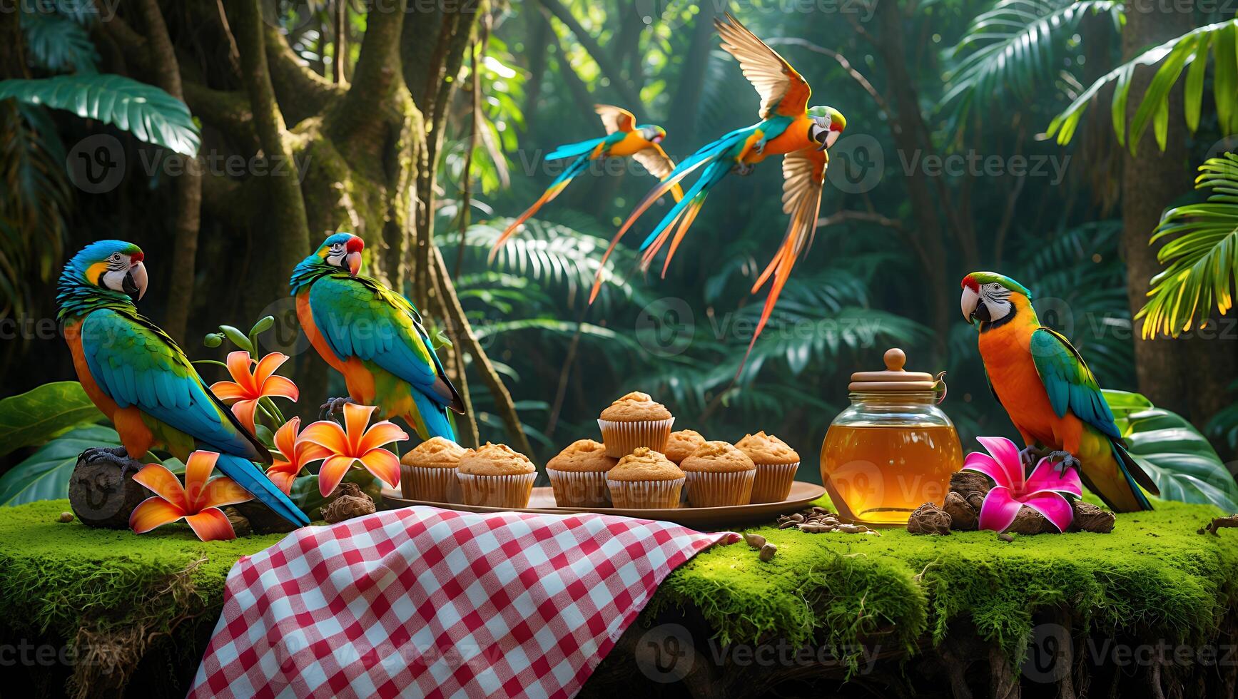 Parrots at Outdoor Picnic with Cupcakes and Honey in Jungle photo