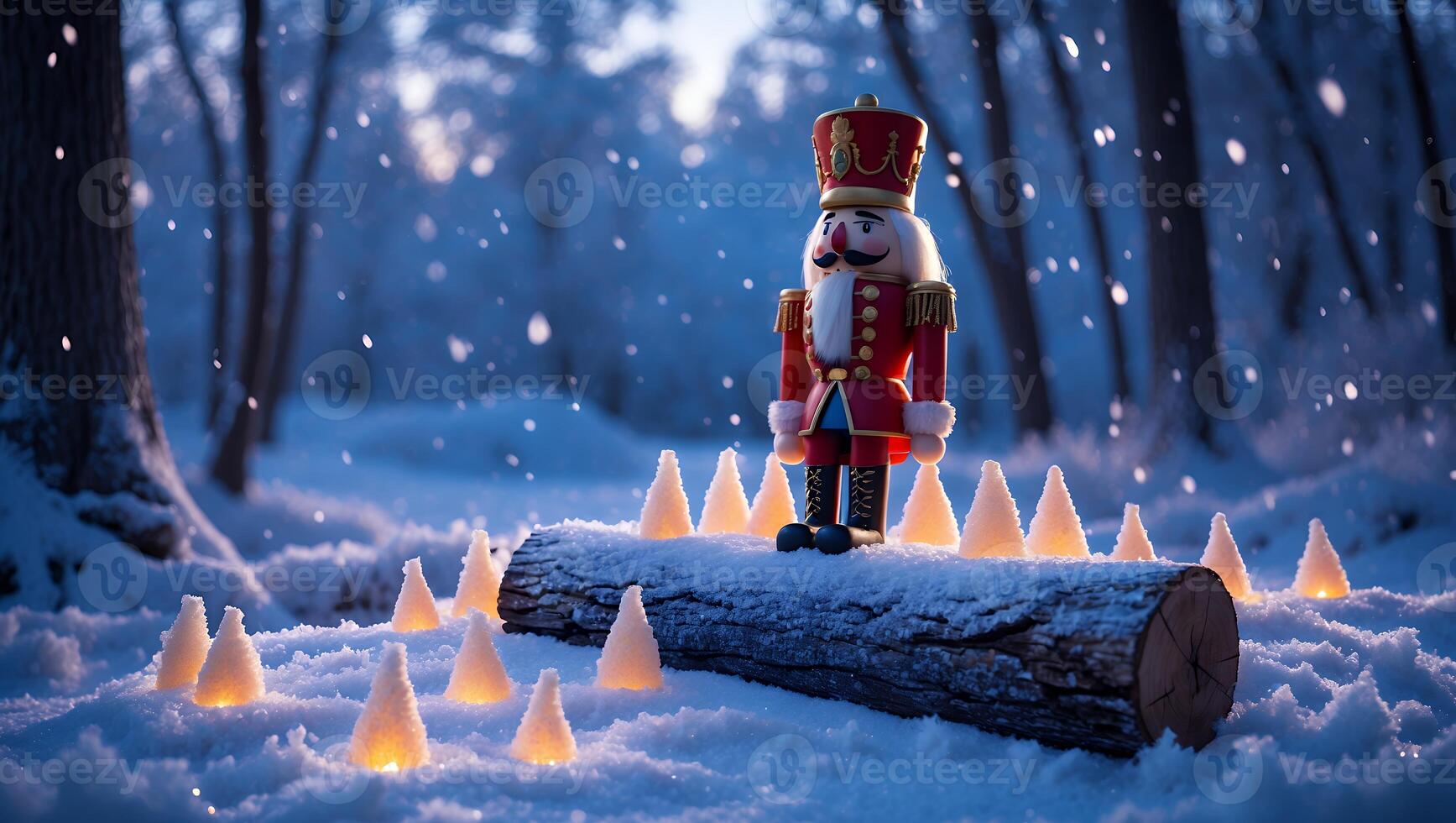 Nutcracker Figurine on Log Surrounded by Snow and Glowing Lights photo