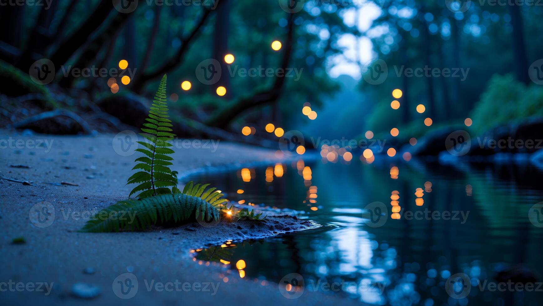 Fern Growing on Shoreline with Reflections and Magical Light in Forest photo
