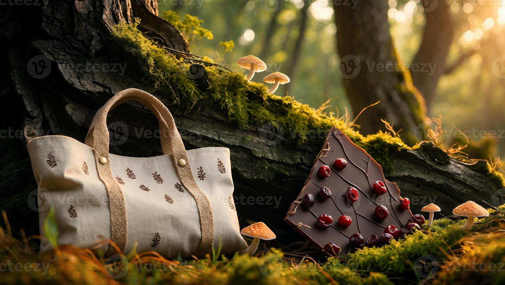 Tote Bag and Chocolate with Mushrooms in a Forest Scene photo