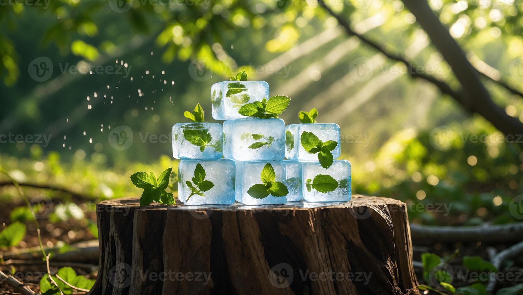 Ice Cubes with Mint on Tree Stump in Forest Setting photo