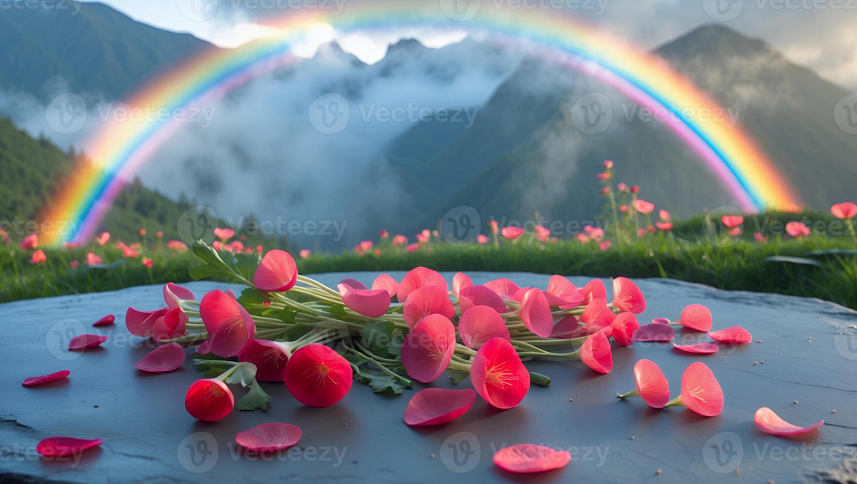 Red Flower Petals on Stone with Rainbow Mountain View Backdrop photo