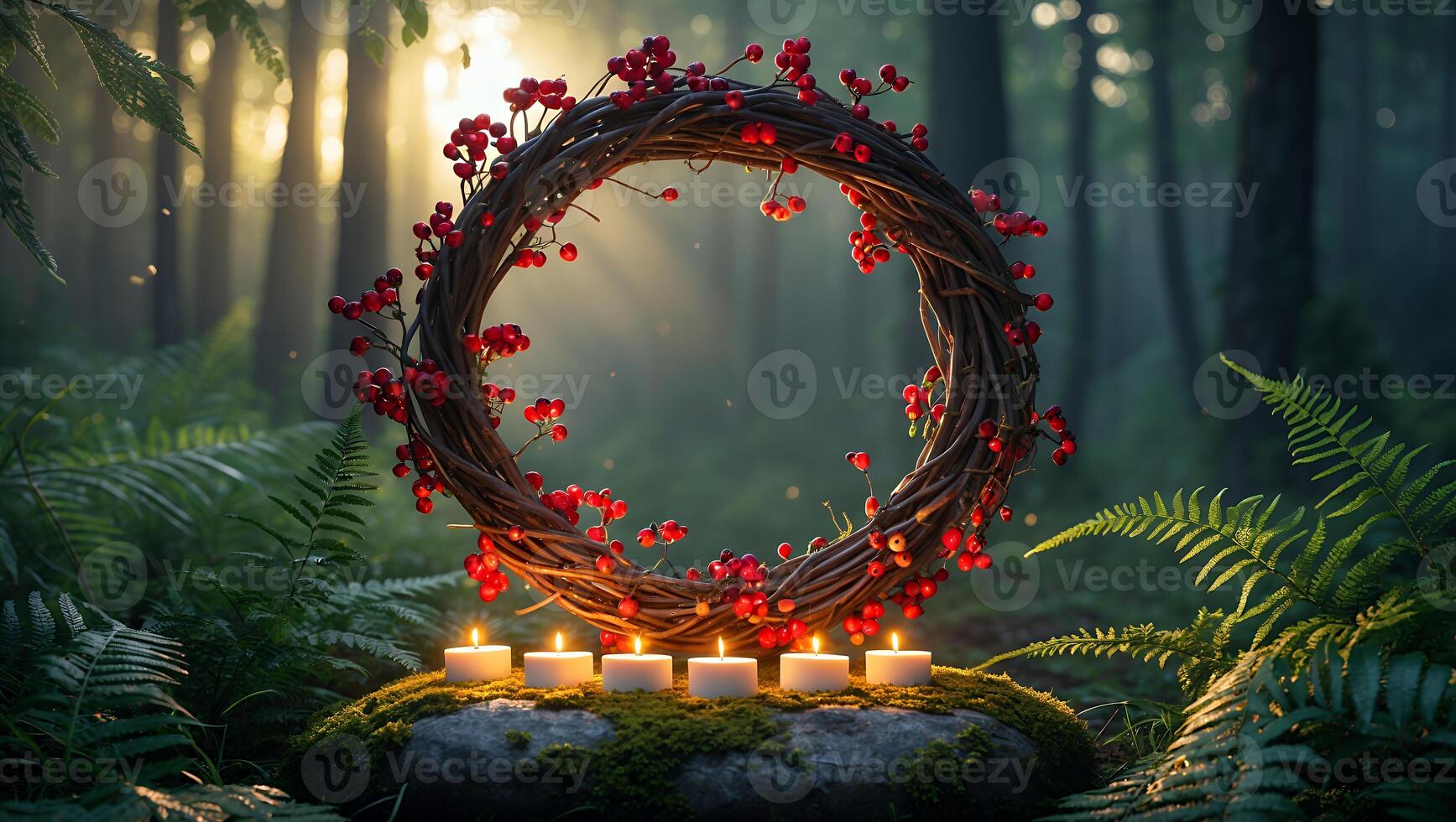 Wreath with Red Berries and Candles in Forest with Sunlight photo