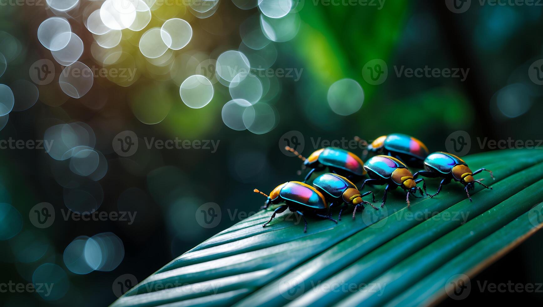Beetles Resting on Leaf with Colorful Iridescent Shells in Nature photo