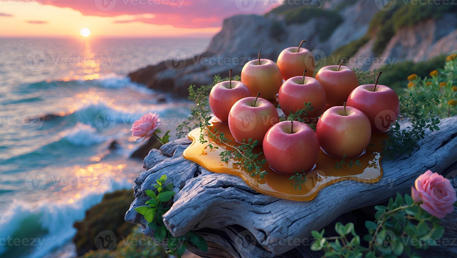 Apples with Honey on Driftwood at Sunset by the Ocean photo