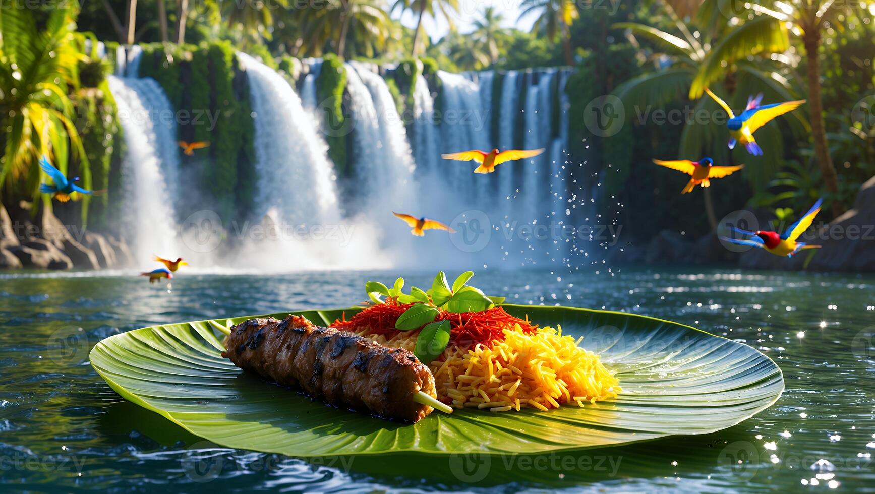 Grilled Kebab and Noodles on Leaf with Waterfall Backdrop Scenery photo