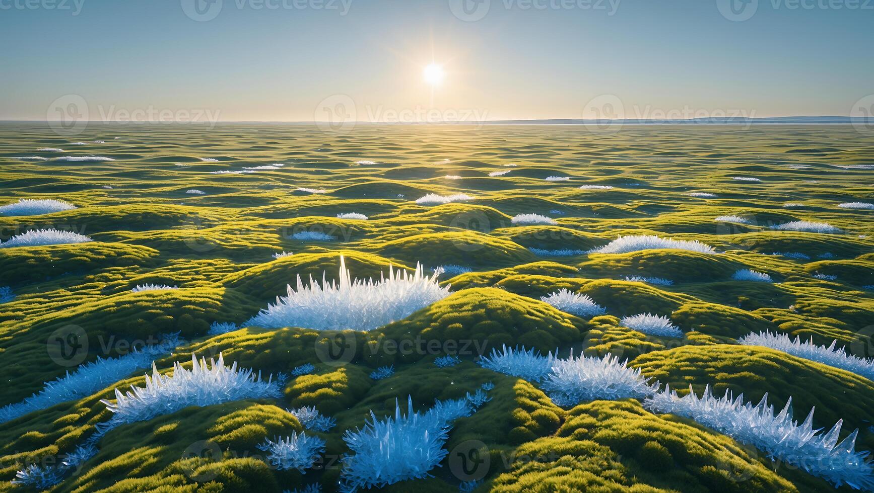 Mossy Landscape with Ice Formations Under Bright Sunlight Scenery photo