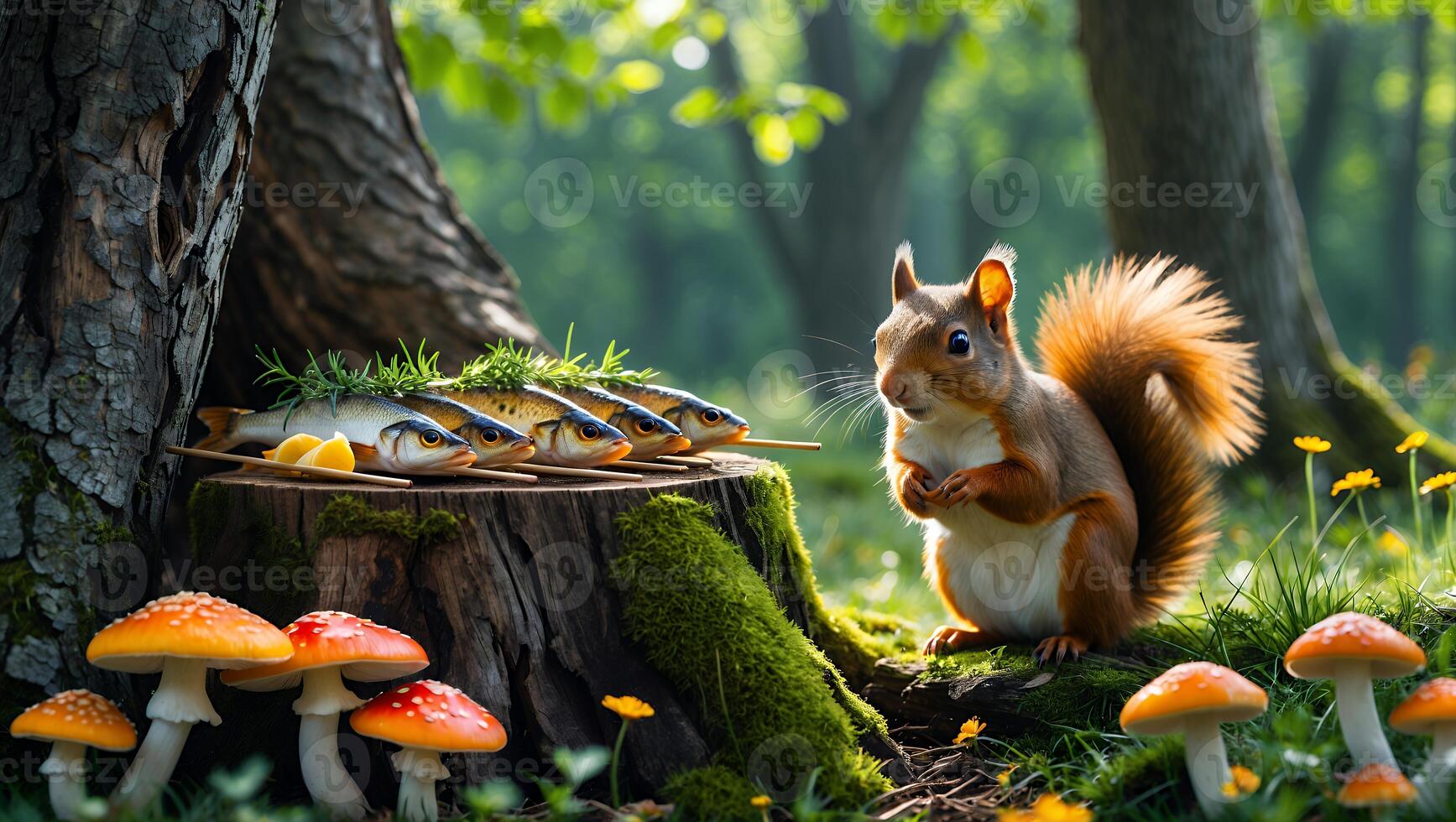 Squirrel Gazing at Fish Skewers on Stump in Enchanted Forest Glade photo