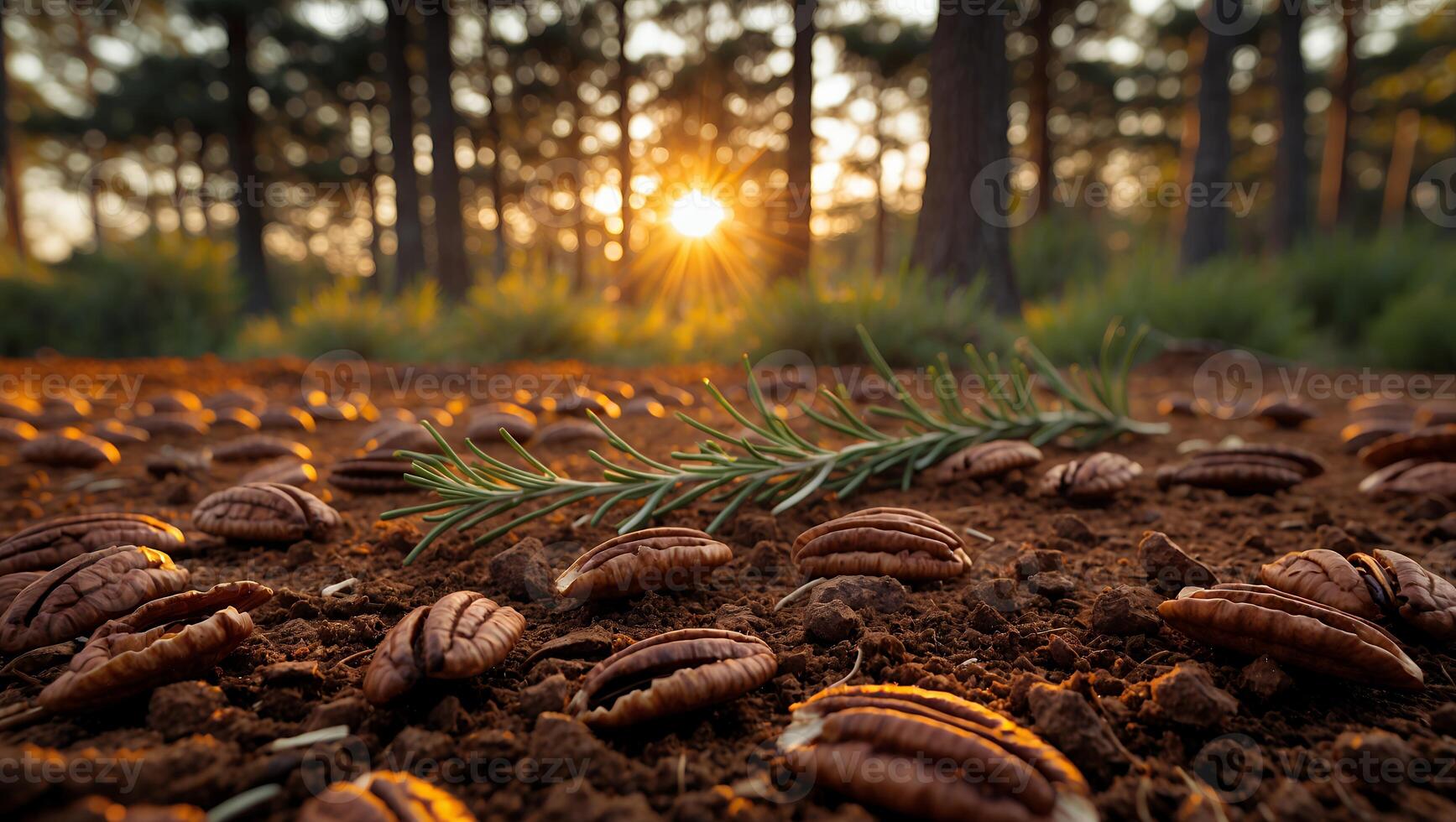 Pecans and Rosemary on Ground with Sunset in Forest photo