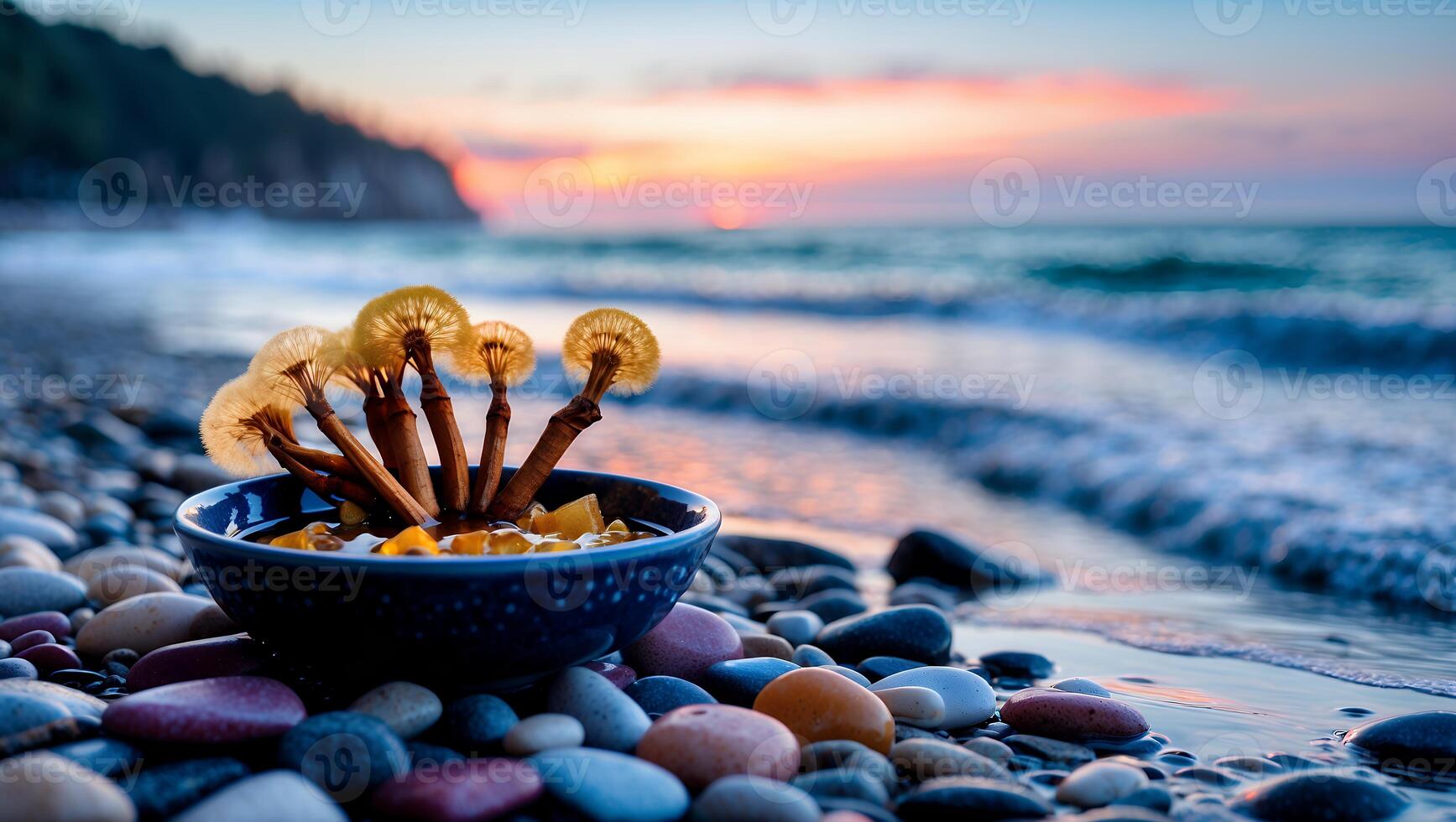 Bowl with Sticks on Pebble Beach at Sunset by the Ocean photo