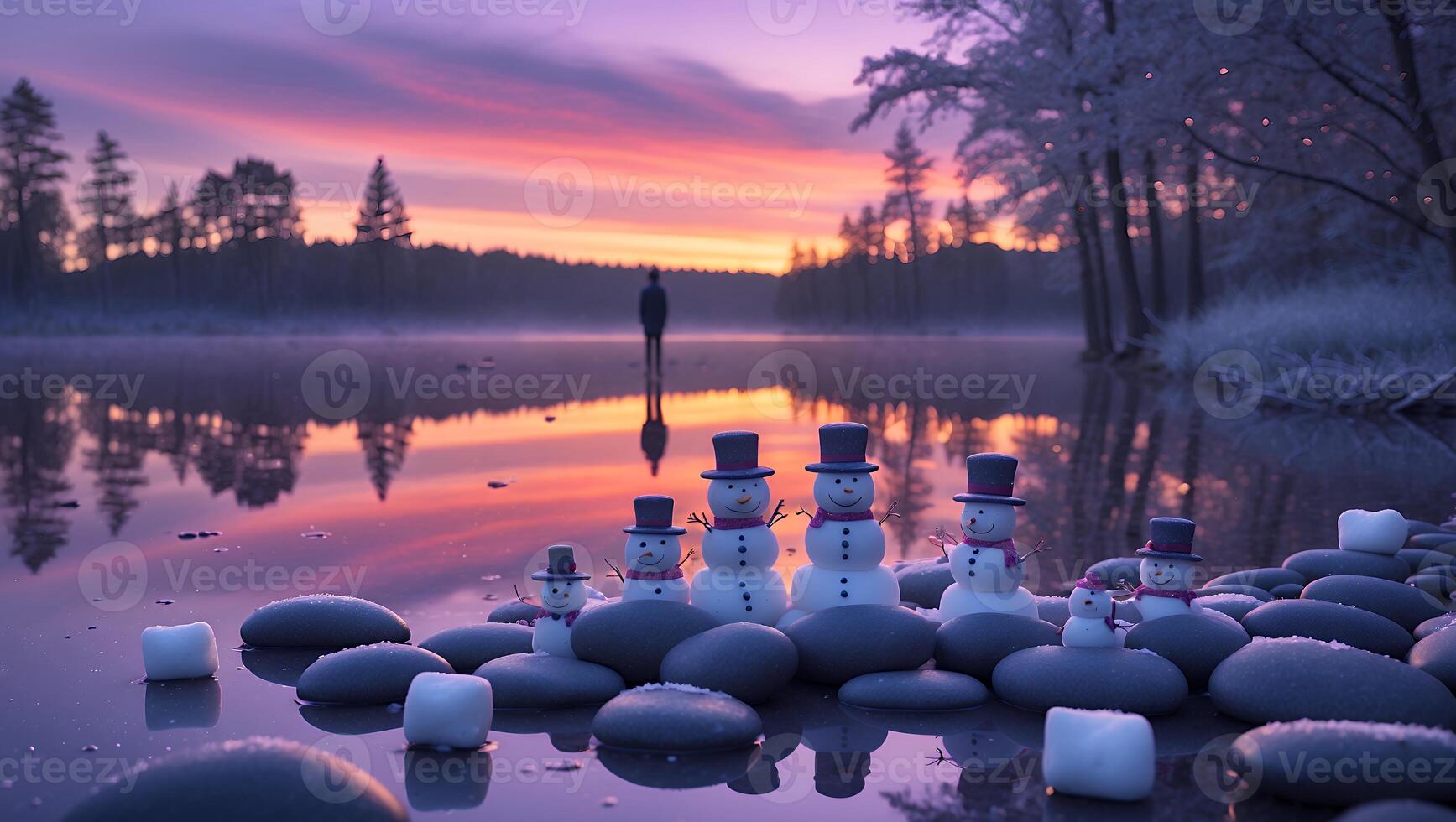 Snowman Family on Rock Beach at Misty Lake During Winter Sunset photo